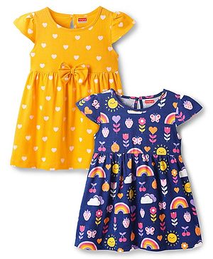 Babyhug Single Jersey Knit Half Sleeves Frocks with Floral & Heart Print & Bow Applique Pack Of 2 - Navy Blue & Yellow