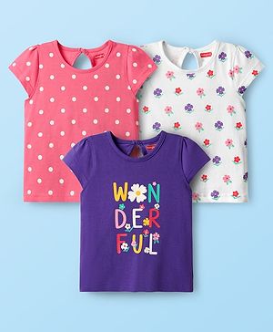 Babyhug Cotton Knit Half Sleeves T-Shirts With Tropical Print  Pack Of 3 -Purple &  Pink