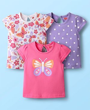 Babyhug Cotton Knit Half Sleeves T-Shirts with Butterfly & Polka Dots Print Pack of 3 - Pink Lavender & White