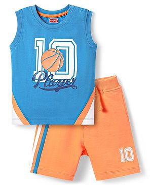 Babyhug Single Jersey Knit Sleeveless Cut & Sew T-Shirt & Shorts Set with Text Print & Tape Detailing - Blue & Orange