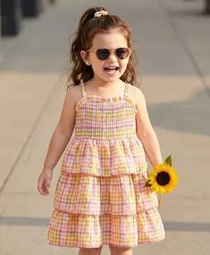 Babyhug Rayon Woven Sleeveless Layered Frock with Smocking Detailing & Stripes - Multicolour