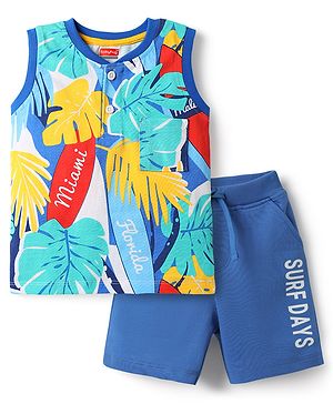 Babyhug Single Jersey Knit Sleeveless T-Shirt & Shorts with Leaf Print - Blue
