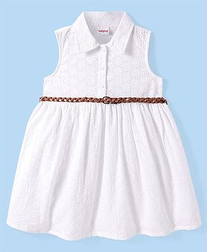 Babyhug Rayon Woven Sleeveless Front Open Collared Dress With Schiffli Detailing - White