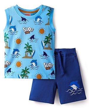 Babyhug Single Jersey Knit Sleeveless Tank T-Shirt & Shorts Set with Beach Theme Print - Light & Navy Blue