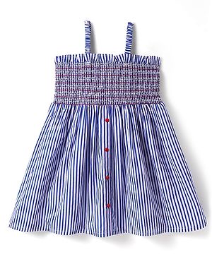 Babyhug Rayon Woven Sleeveless Striped Dress With Smocked Yoke - Blue