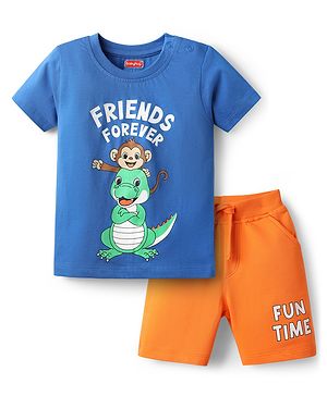 Babyhug Single Jersey Knit Half Sleeves T-Shirt & Shorts Set with Animal & Friends Forever Text Print - Orange & Blue