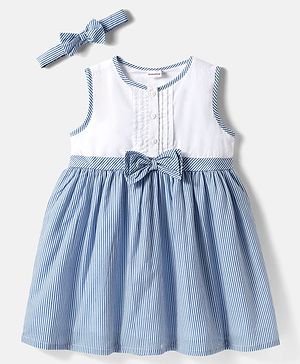 Babyhug Rayon Woven Sleeveless Striped Frock with Headband & Bow Applique - Light Blue