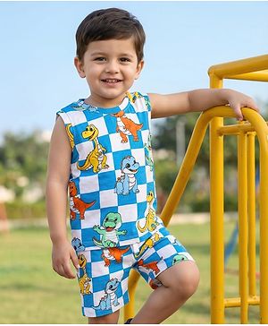Babyhug Single Jersey Knit Sleeveless Tank T-Shirt & Shorts Co-Ord Set With Dino Print - Blue & White