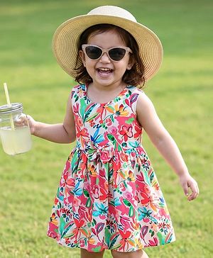 Babyhug Cotton Woven Sleeveless Frock With Floral Print & Bow Applique - Red