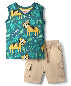 Babyhug Single Jersey Knit Sleeveless Tank T-Shirt & Shorts Set With Tiger Print - Green & Brown
