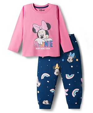 Babyhug Disney Single Jersey Knit Full Sleeves Night Suit With Minnie Mouse Family Graphics - Pink & Navy Blue