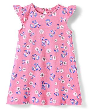 Babyhug Cotton Knit Frill Sleeves Nighty with Floral Print - Pink