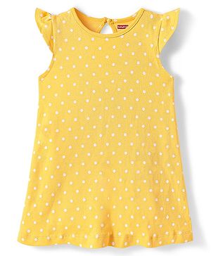 Babyhug Cotton Knit Frill Sleeves Nighty with Polka Dots Print - Yellow