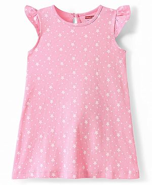 Babyhug Cotton Knit Frill Sleeves Nighty with Stars Print - Pink