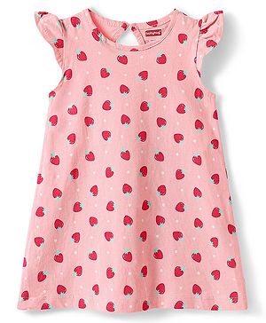 Babyhug Cotton Knit Frill Sleeves Nighty with Strawberry Print - Pink