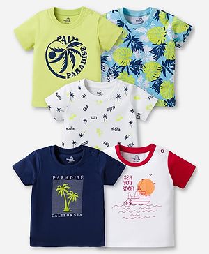 Doodle Poodle 100% Cotton Single Jersey Knit Half Sleeves T-Shirt With Tropical Theme Print Pack Of 5 - Multicolour