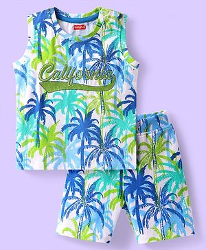 Babyhug Single Jersey Cotton Knit Sleeveless Tank T-Shirt & Shorts Co-Ord Set With Beach Theme Print - Blue