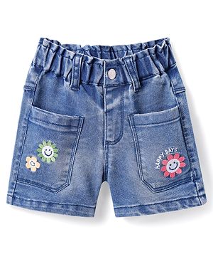 Babyhug Denim Knit Mid Thigh Washed Shorts with With Stretch & Floral Embroidery - Blue