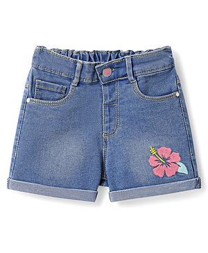 Babyhug Mid Thigh Length Washed Shorts with Stretch & Floral Embroidery - Blue