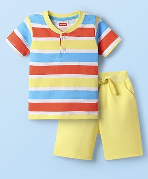 Babyhug Single Jersey Knit Half Sleeves Striped Henley T-Shirt & Shorts Set - Yellow