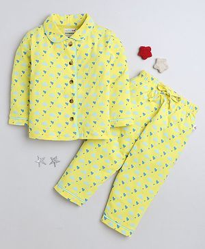 BUMZEE Cotton Knit Full Sleeves Hearts Printed Co-ords Night Suit - Peach