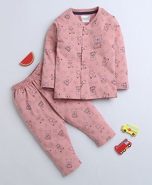 BUMZEE Cotton Knit Full Sleeves Bear Printed Co-ords Night Suit - Pink