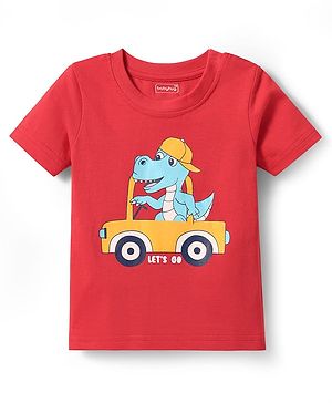 Babyhug Cotton Knit Half Sleeves T-Shirt with Dino Print - Red