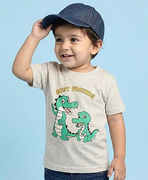 Babyhug Cotton Knit Half Sleeves T-Shirt With Crocodile Print - Grey