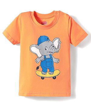 Babyhug Cotton Knit Half Sleeves T-Shirt with Elephant Print - Orange