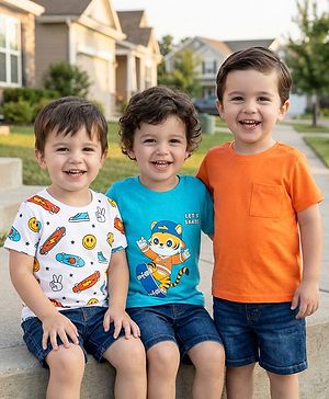 Babyhug Cotton Knit Half Sleeves T-Shirt with Skating Print Pack of 3 - Light Blue Orange & White