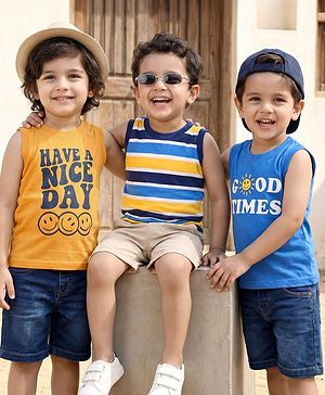 Babyhug Cotton Knit Sleeveless Tank T-Shirt  With Stripes & Good Times Print Pack Of 3 - Blue & Yellow