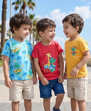 Babyhug Cotton Knit Half Sleeves T-Shirts With Animal Print Pack Of 3 - Light Blue & Red
