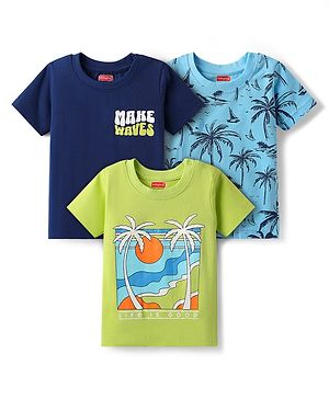 Babyhug Cotton Knit Half Sleeves T-Shirt With Beach Theme Print Pack Of 3 - Light Blue & Navy Blue