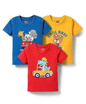 Babyhug Cotton Knit Half Sleeves T-Shirt With Animal Print Pack Of 3 - Red & Navy Blue