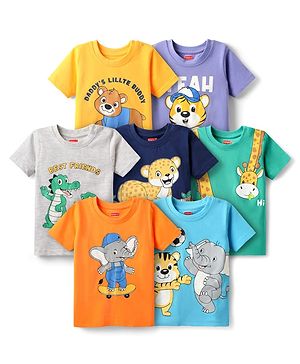 Babyhug Cotton Knit Half Sleeves T-Shirts With Animal Print Pack Of 7 - Yellow & Navy Blue