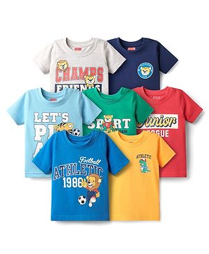 Babyhug Cotton Knit Half Sleeves T-Shirts with Sports Theme Print Pack of 7 - Multicolor