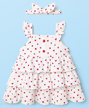 Babyhug Single Jersey Knit Frill Sleeves Hearts Printed Layered Frock with Headband - White