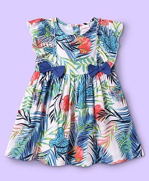 Babyhug Cotton Woven Frill Sleeves Frock With Leaf Print & Bow Applique - White
