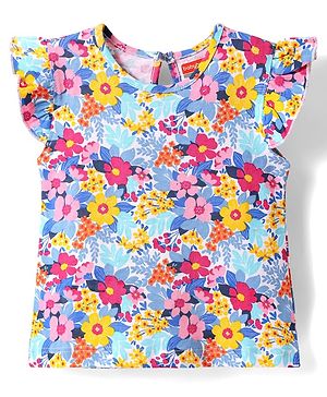 Babyhug Cotton Knit Frill Sleeves T-Shirt with Floral Print - Blue