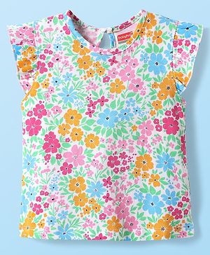 Babyhug Cotton Knit Frill Sleeves T-Shirt with Floral Print - Light Blue