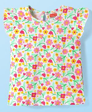 Babyhug Cotton Knit Frill Sleeves T-Shirt with Floral Print - White