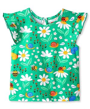 Babyhug Cotton Knit Frill Sleeves T-Shirt with Floral & Bees Print - Green
