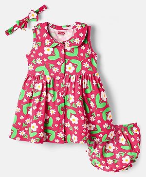 Babyhug Single Jersey Knit Sleeveless Floral Printed Frock With Bloomer & Headband - Red