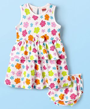 Babyhug Single Jersey Knit Sleeveless Floral Printed Frock With Bow Applique & Bloomer - White