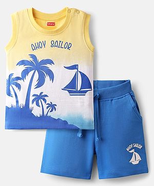 Babyhug Single Jersey Knit Sleeveless Tank T-Shirt and Shorts Set with Beach Theme Print - Blue & Yellow