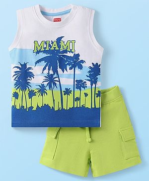 Babyhug Single Jersey Knit Sleeveless Tank T-Shirt & Shorts Set Tropical Theme Print- White Blue & Green