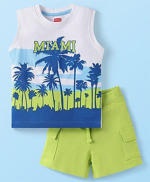 Babyhug 100% Cotton Single Jersey Knit Sleeveless Tank T-Shirt & Shorts Set Tropical Theme Print- White Blue & Green