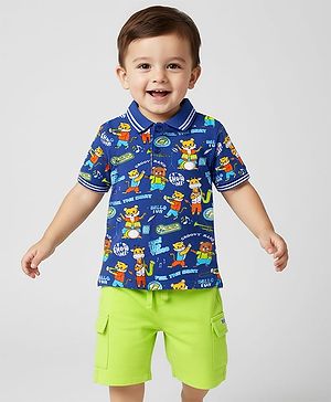 Babyhug Single Jersey Knit Half Sleeves Polo T-Shirt and Shorts Set With Animal Print - Blue & Limegreen