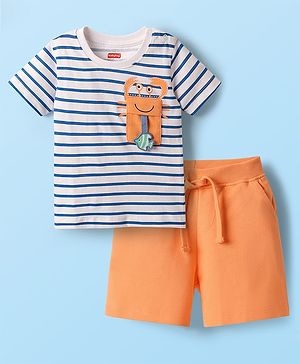Babyhug Single Jersey Knit Half Sleeves Striped T-Shirt & Shorts Set with Crab Print & Fish Patch - Peach