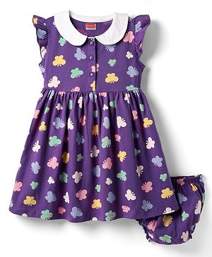 Babyhug Single Jersey Knit Frill Sleeves Peter Pan Collar Frocks & Bloomers With Butterfly Print - Purple